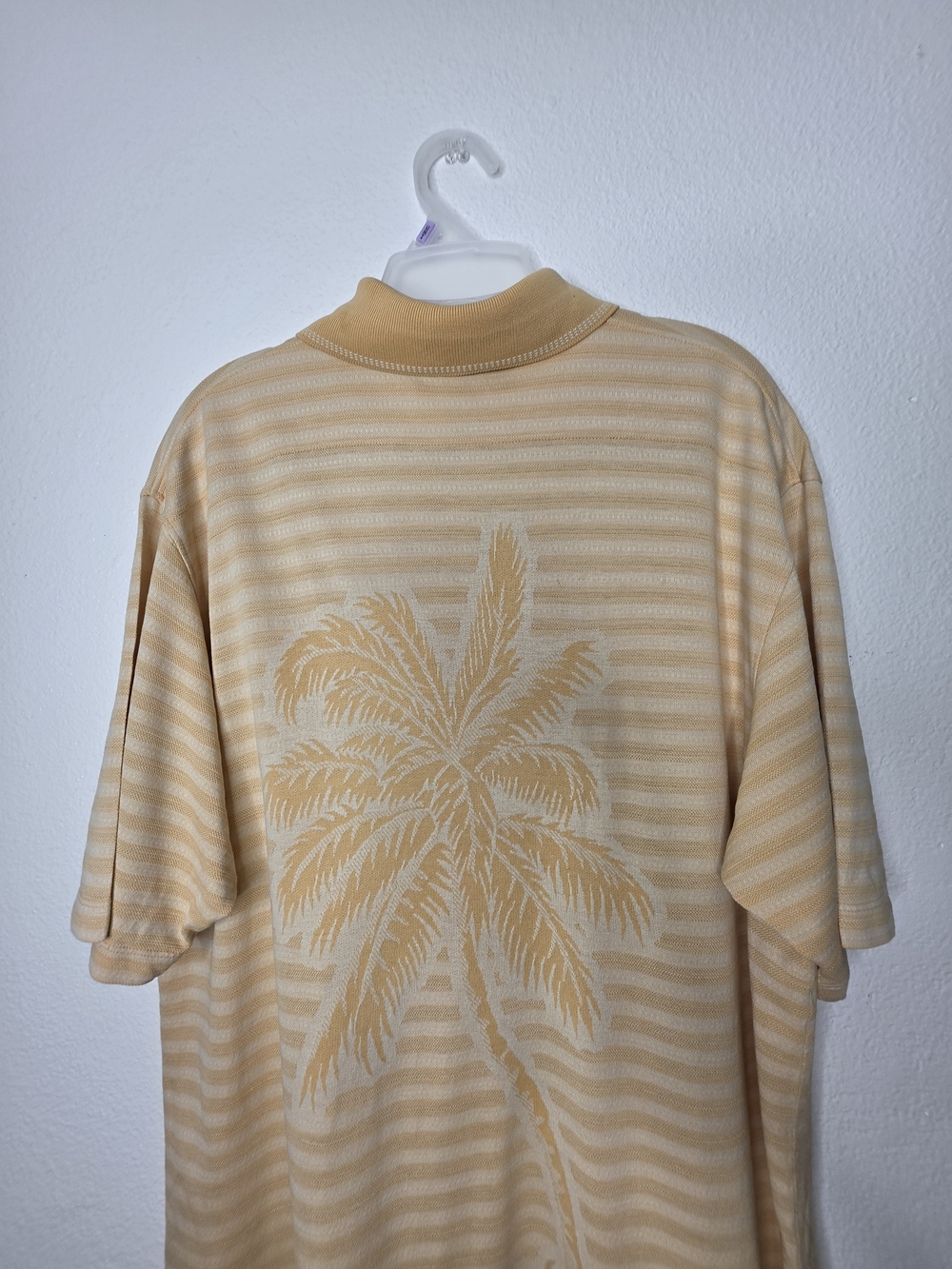 Tommy Bahama 18 Golf Mens L Yellow Beige Striped Short Sleeve Polo Palm Tree - Picture 12 of 15